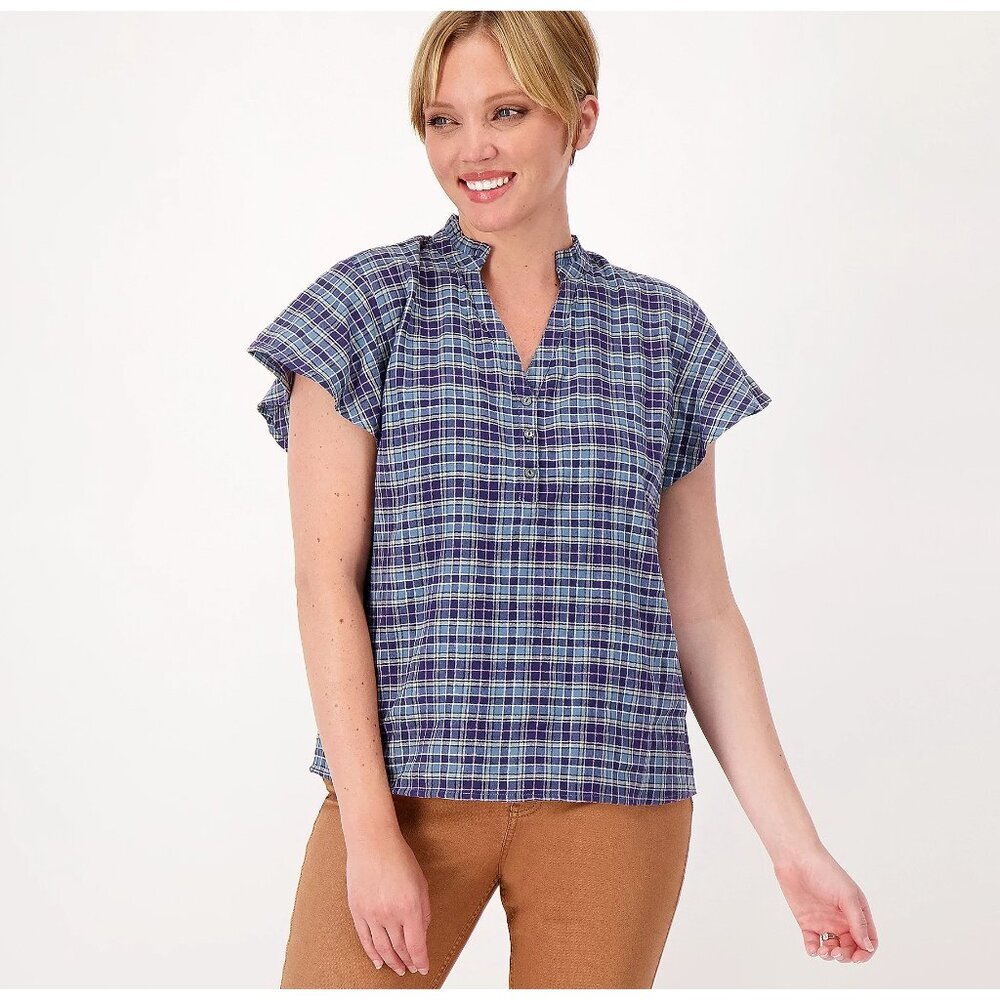 Candace Cameron Bure Aegean Blue Plaid Flutter- Sleeve Blouse w/Ruffle Collar L